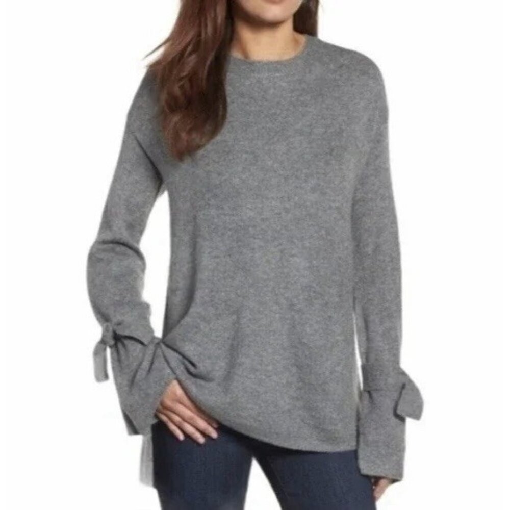 Halogen Women's Wool Blend Sweater Tie Sleeves Gray Small Size Preppy Work - Picture 1 of 9